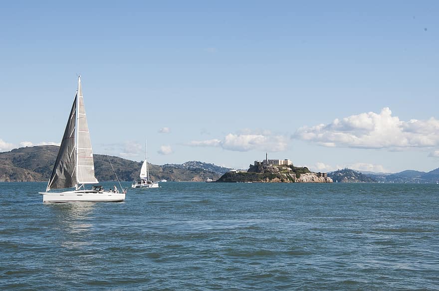 alcatraz, São Francisco, baía, Califórnia, ilha, cidade, ponto de referência, agua, barco a vela