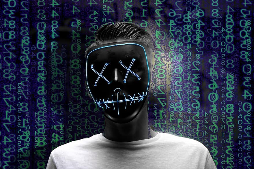 blaue Matrix, Matrix, Matrixcode, männlich, Maske, maskierter Mann, Hacker, Internet, Symbol, anonym, Blaue Maske