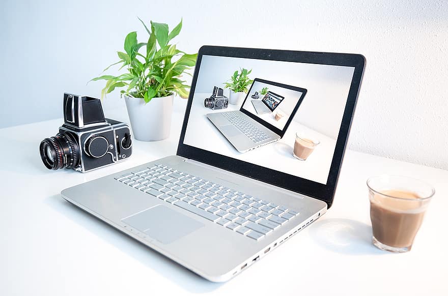 laptop, komputer, efek droste, kamera, menanam, kantor, kopi, gambar di dalam gambar, bisnis, digital, meja tulis