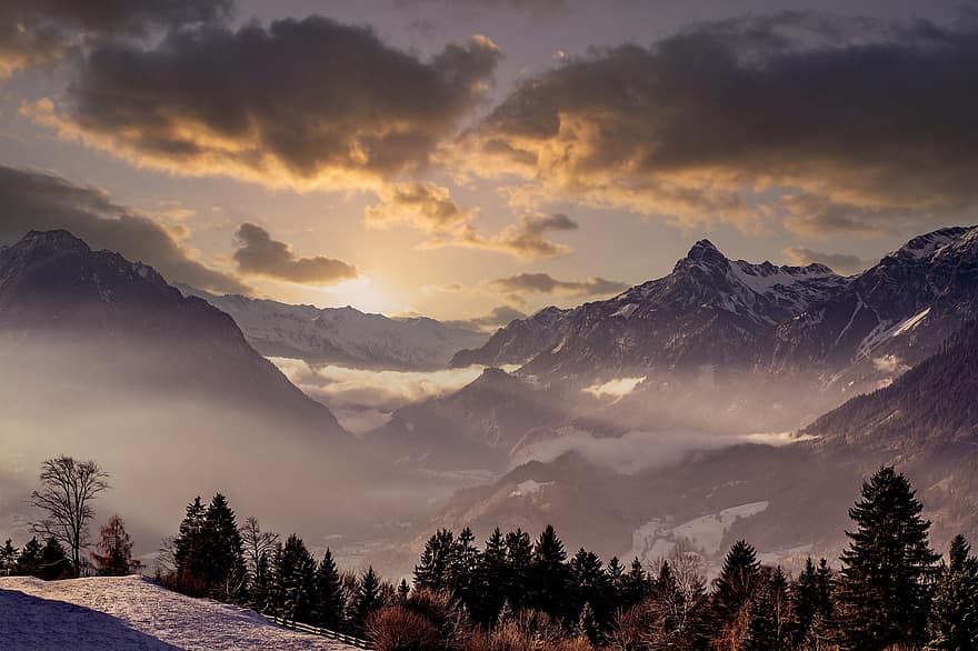luonto, vuoret, sumu, matkustaa, tutkiminen, ulkona, Vorarlberg, vuori, lumi, maisema, talvi-