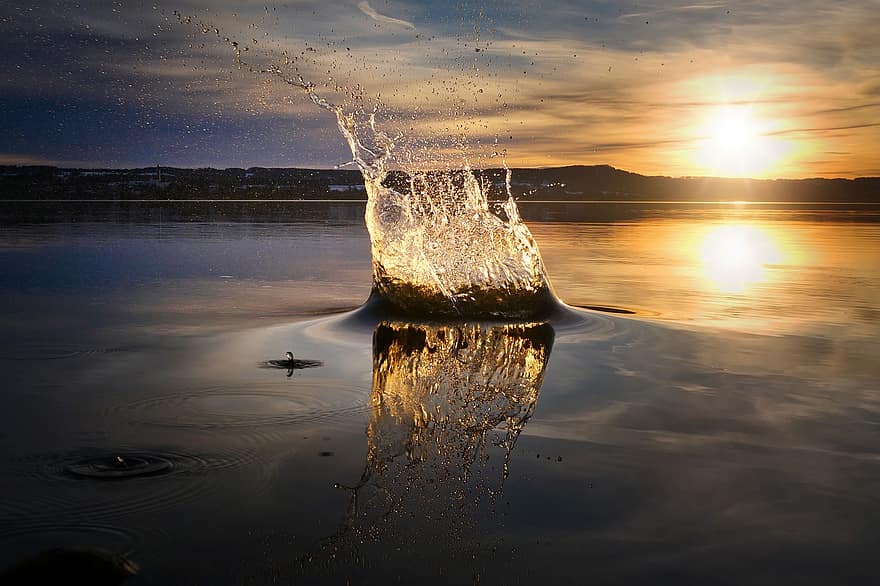 lago, esguicho, por do sol, coroa de agua, Dom, luz solar, silhueta, Lançamento de pedra, reflexão, agua, natureza