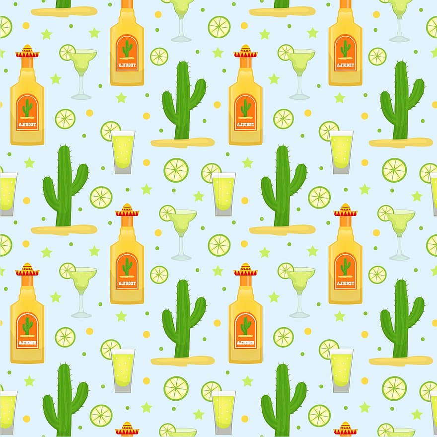 margarita, tequila, cactus, limoen, digitaal papier, Mexicaans patroon, cinco de mayo, Feestbehang, vector, patroon, illustratie