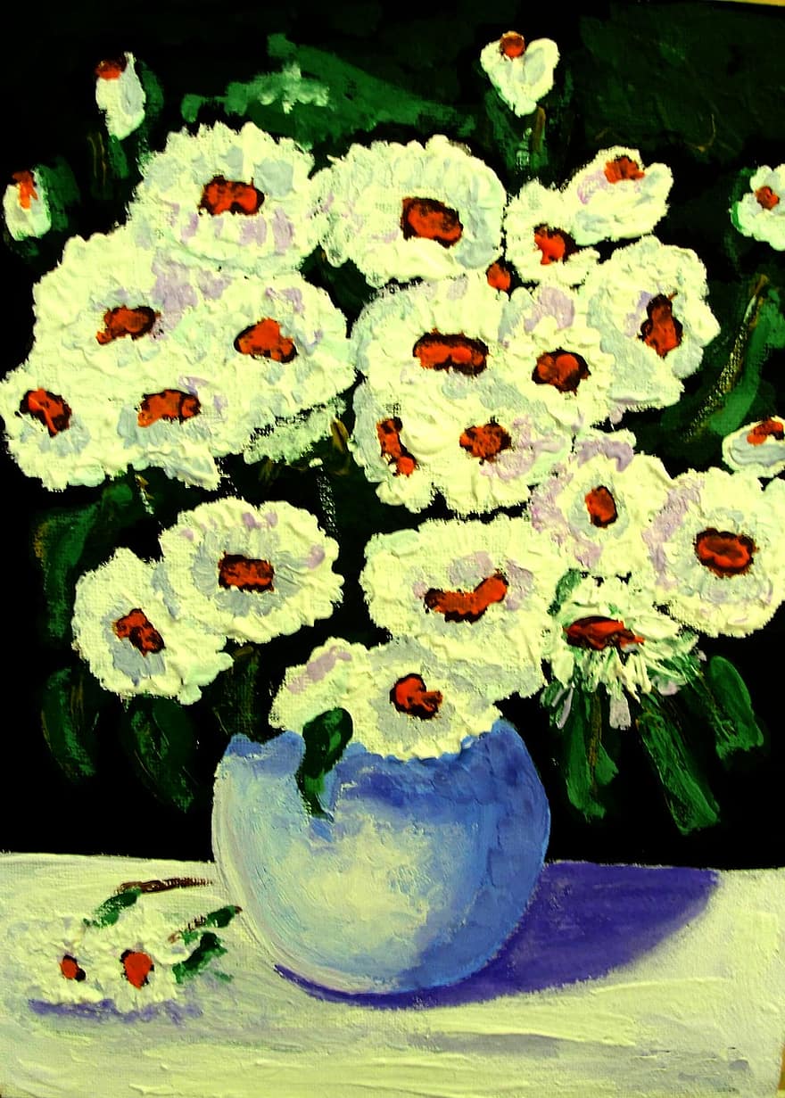malované květy, akrylová barva, plátno