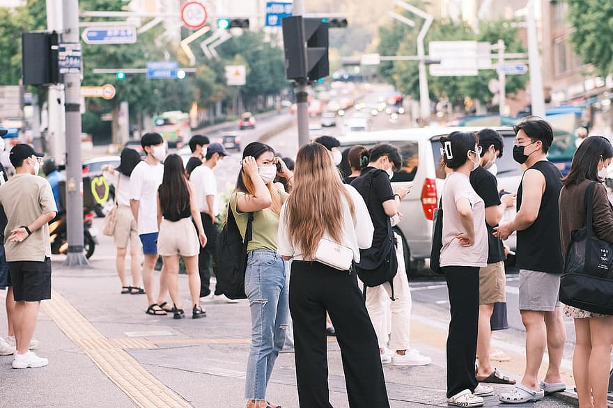 Sydkorea, pandemi, trottoar, social distansering