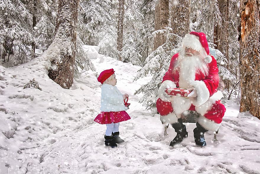 サンタクロース、赤ちゃん、クリスマス、屋外、12月、休日、シーズン、冬、雪、子、楽しい