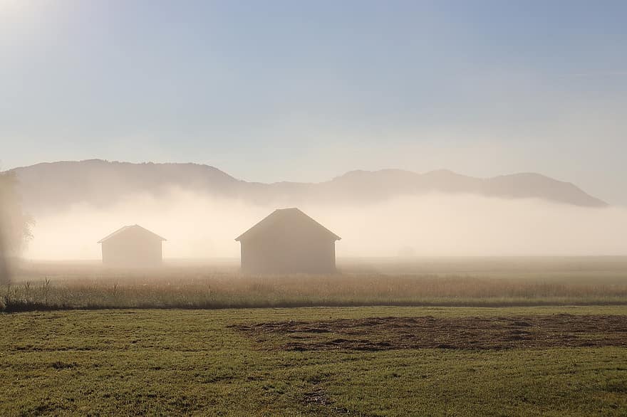 Field, Huts, Fog, Foggy, Meadow, Pasture, Rural, Mountains, Countryside, Landscape, Nature