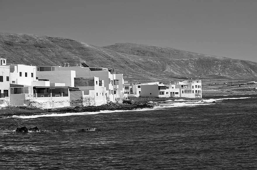 Sea, Town, Island, Nature, Landscape, water, black and white, travel, coastline, vacations, cliff