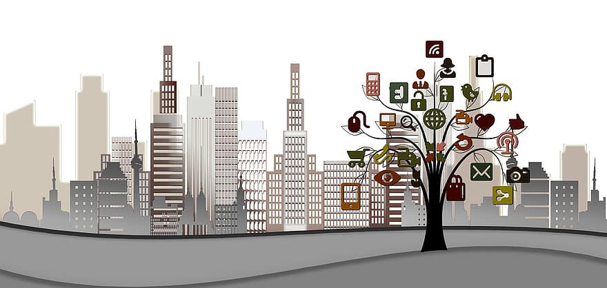 고층 빌딩, 시티, 나무, 건물들, 구조, 도시의, 선조, 인터넷, 회로망, 소셜 미디어, 심벌 마크