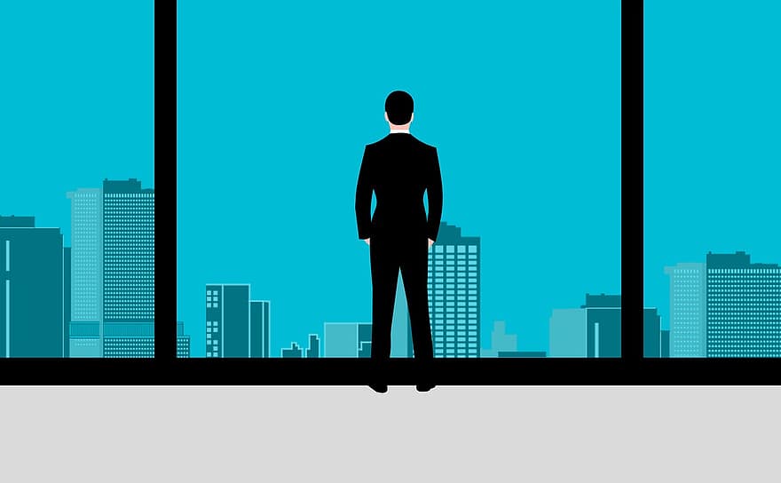людина, офіс, вікно, скло, стоячи, бізнес, місто, вид, корпоративні, дивлячись, зверху