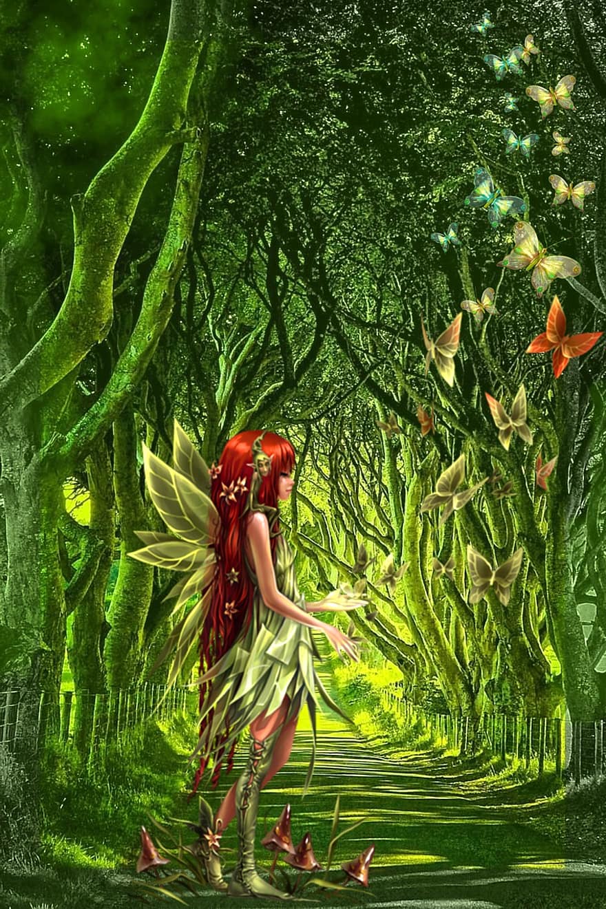 Hintergrund, Fee, Wald, Weg, Fantasie, Elf, Frau, junge Frau, Flügel, Feenflügel, Charakter-Avatar