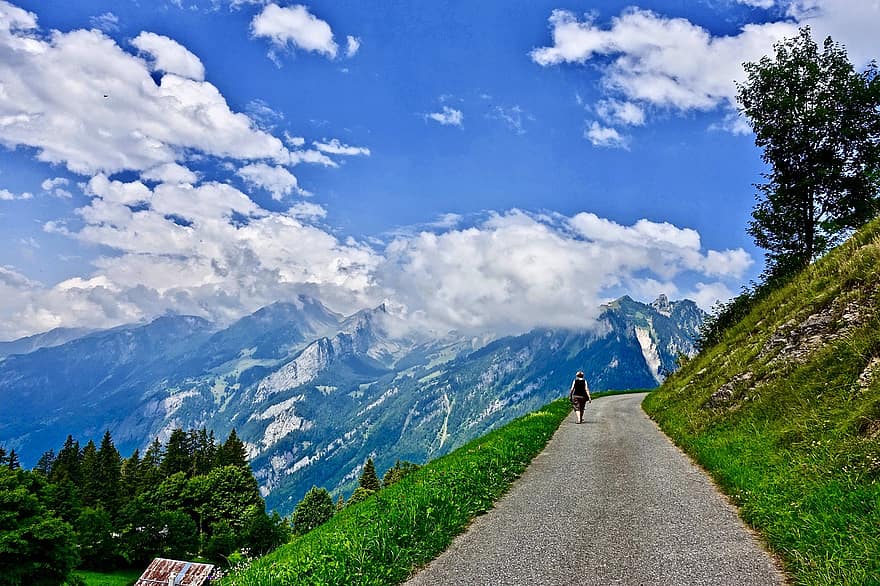 alpi, pārgājieni, ceļš, kalni, pastaigas, tūrists, Šveice, ārā, raksturs, ainavu, debesis