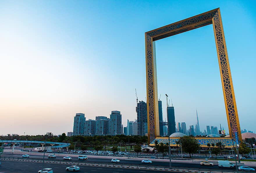 Dubai, ramme, milepæl, arkitektur, moderne, uae, skyskrabere, by, by-