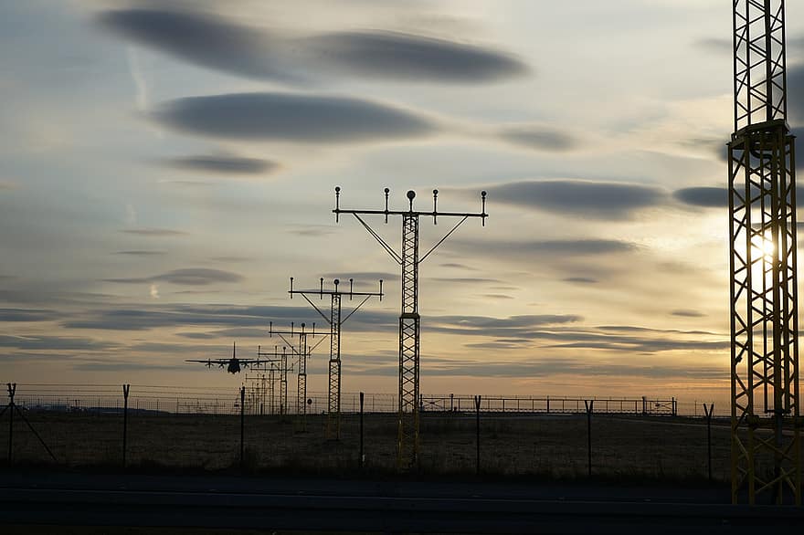 Airport, Approach Lights, Sunset, Sundown, Airport Lights, Landing Facilities, fuel and power generation, electricity pylon, electricity, dusk, silhouette