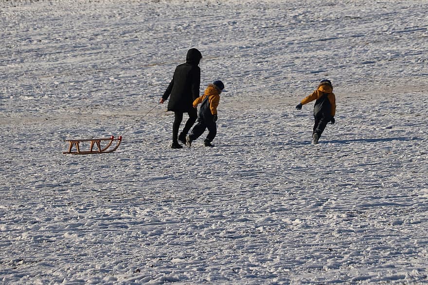 हिमपात, बर्फ पर बिना पहिए वाले रथ पर सवारी करना, बच्चे, खींचना, बचपन, बर्फ के खेत, हिमाच्छन्न, बर्फ का परिदृश्य, सर्दी, जाड़े के कपड़े, आनंद