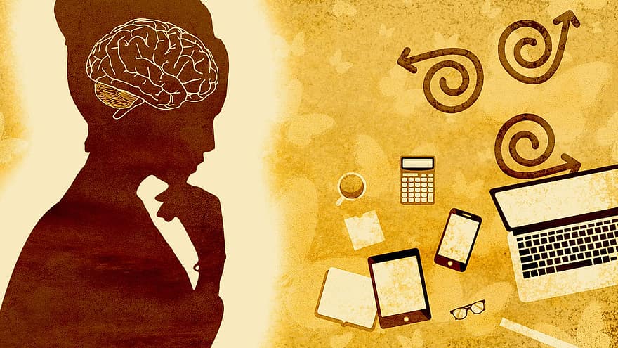 wanita, otak, laptop, smartphone, teknologi, pikiran, panah, pintar, berpikir, brainstorming, perhatian