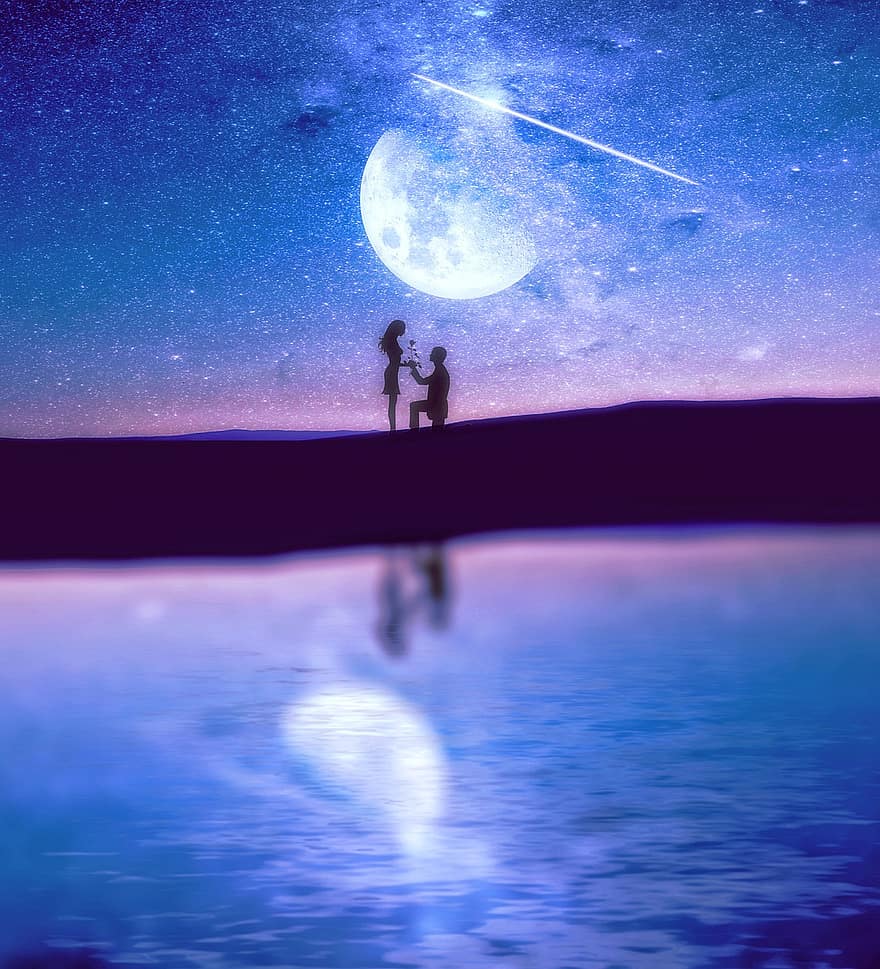 mặt trăng, các ngôi sao, không gian, những người yêu nhau, đề nghị, nhẫn, đêm, bầu trời, tưởng tượng, ánh trăng, vũ trụ