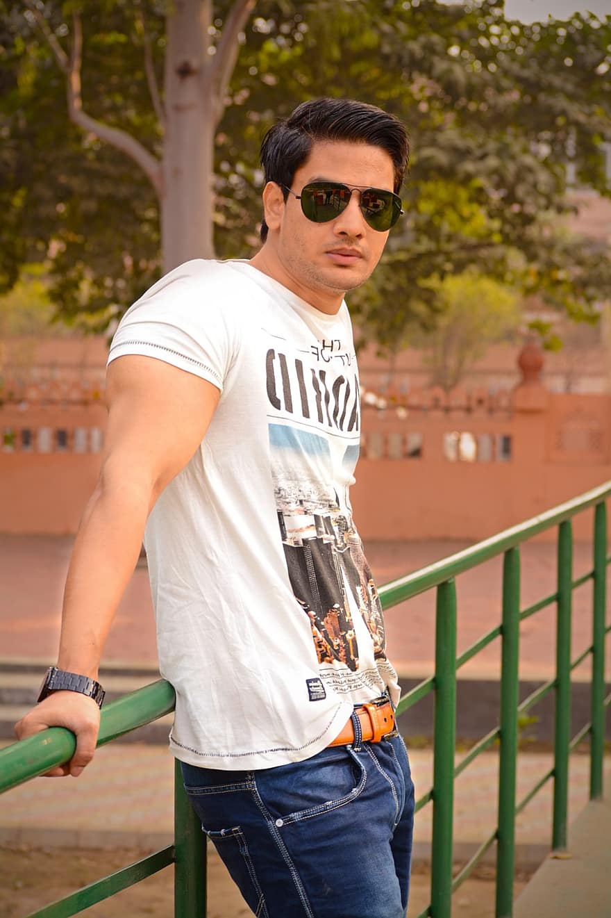 Man, Model, Pose, Casual, T-shirt, Muscles, Triceps, Biceps, Indian, Strong, Fashion