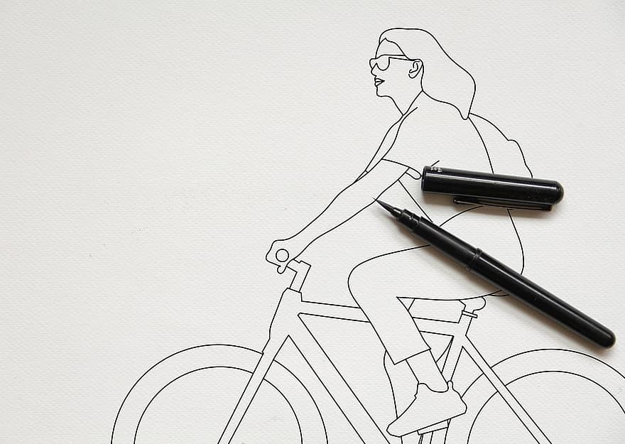 bicicletta, donna, linea, disegno, carta, penna, minimalismo, bike, arte, stile di vita, persone