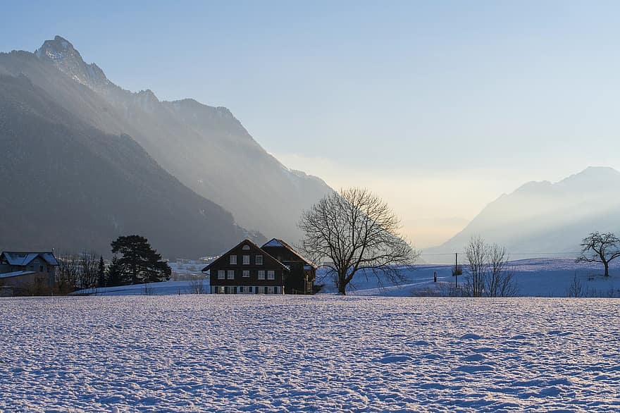 namų, kajutės, kaimas, sniegas, žiemą, vakare, Šveicarija, kalnas, kraštovaizdį, kaimo scenoje, kalnų