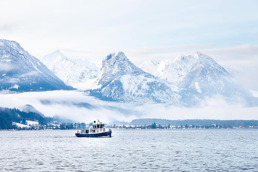 Austrijā, Svētais Gilgens, Wolfgang ezers, ezers, kalni, ainavu, ziemā, kalns, ūdens, sniegs, kuģniecība