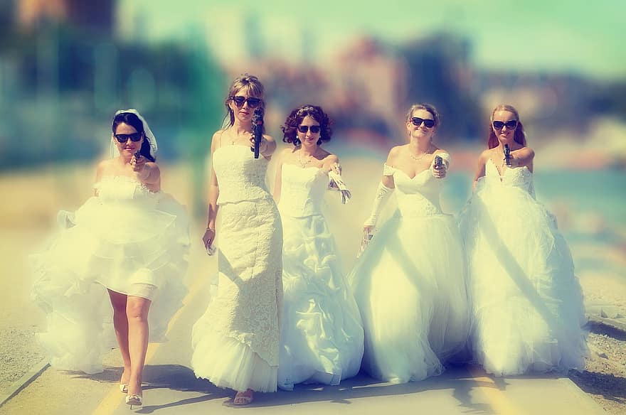 sposa, parata, vestito, nozze, vestito bianco, passeggiare, vestito da damigella d'onore, fata