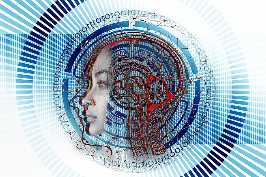 kvinne, robot, cyborg, android, digitalisering, transformasjon, kunstig intelligens, binær, kode