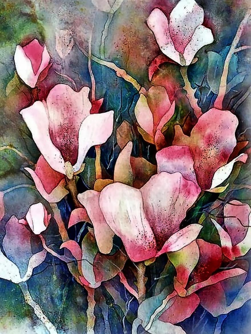 aquarel schilderij, magnolia, schilderij, bloemen, natuur, decor, kunstenaars, helling, de lente, verf, magnoliengewaechs