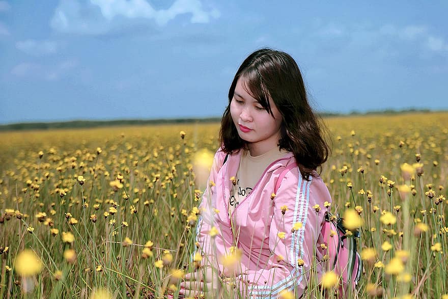 Flowers, Female, Woman, Young Woman, Field Of Flowers, Field, Nature