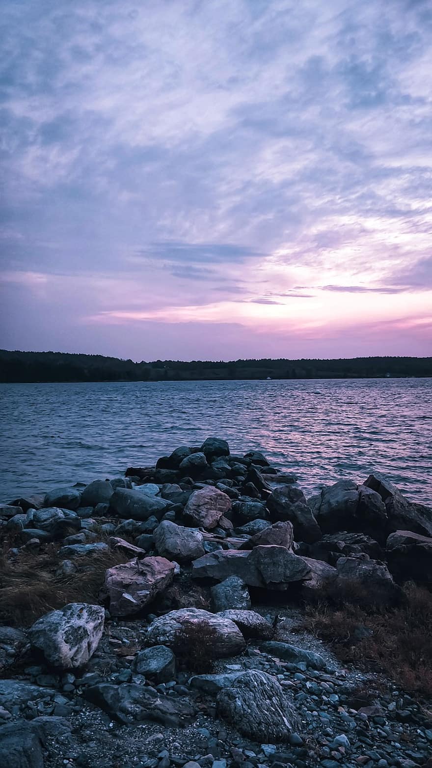 Maine, puesta de sol, cielo de la tarde, rocas, Oceano, océano Atlántico, Acadia