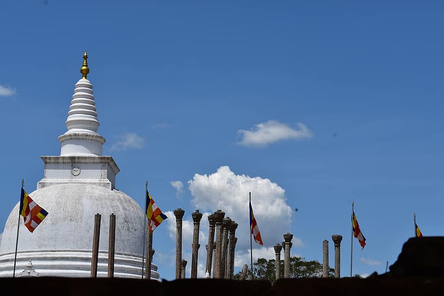 templom, buddhizmus, pagoda, Sri Lanka, zászlók, anuradhapura, sztúpa, építészet, épülethomlokzat, külső