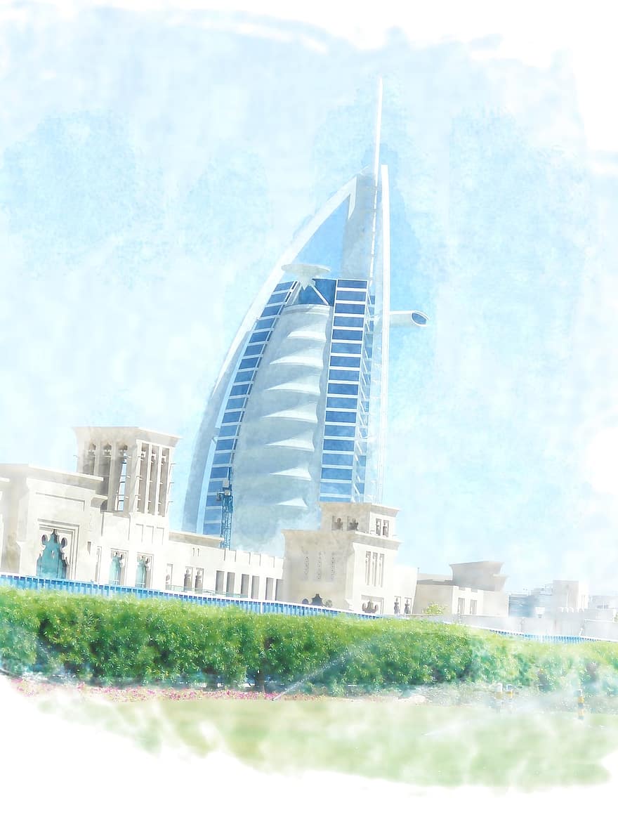 akwarela, Dubai, burj al arab, architektura, Miasto, sylwetka na tle nieba, emiraty, Arab, budynek, farba, Zjednoczone Emiraty Arabskie