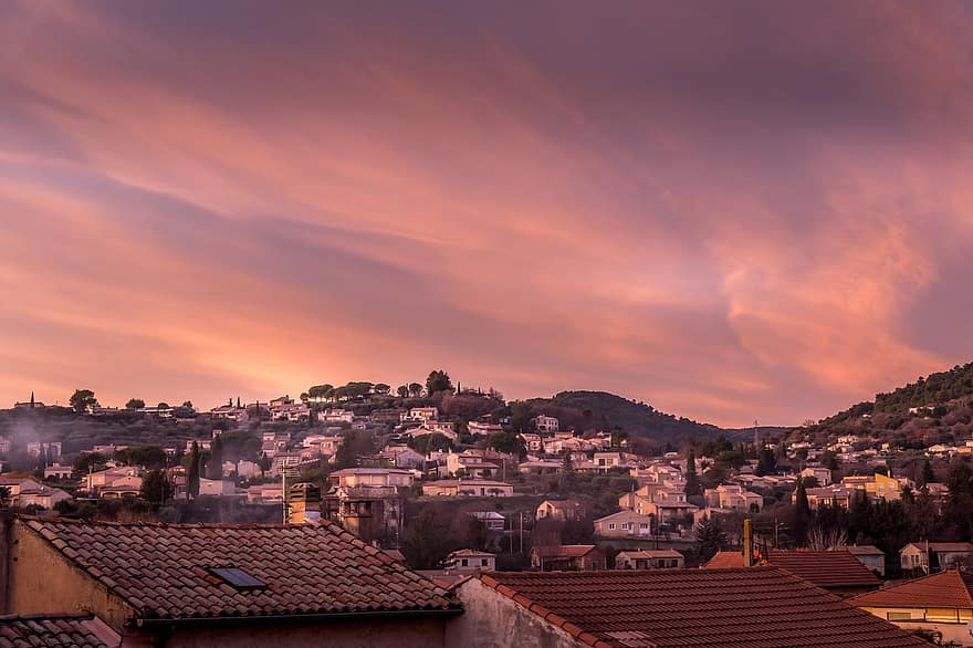 Matin, France, le coucher du soleil, heure d'or, ville, manosque, alpes-de-haute-provence, paysage urbain, Provence, crépuscule, toit
