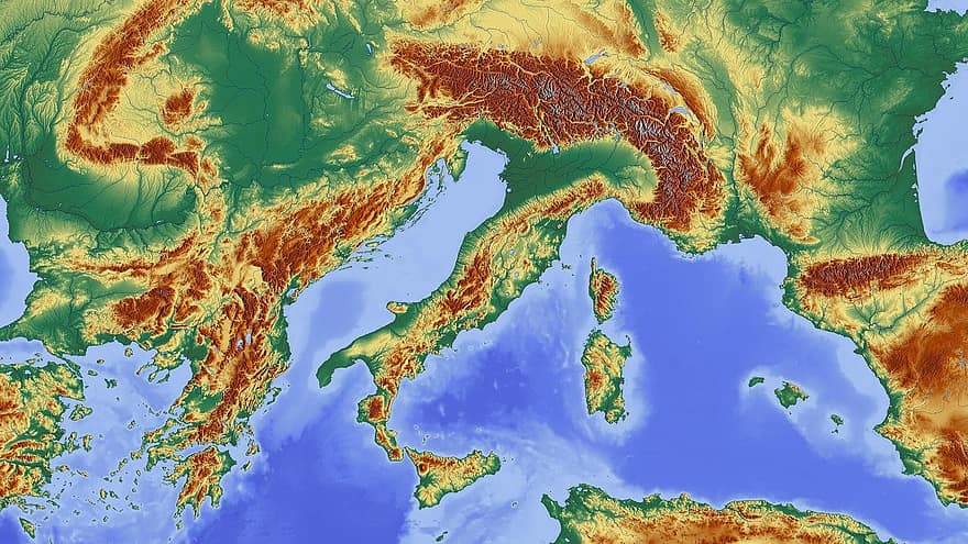 Itàlia, alpí, regió alpina, mapa, mapa de relleu, perfil d’elevació, Estructura d’alçada, color, cartografia, Projecció de Mercator, ombrejat