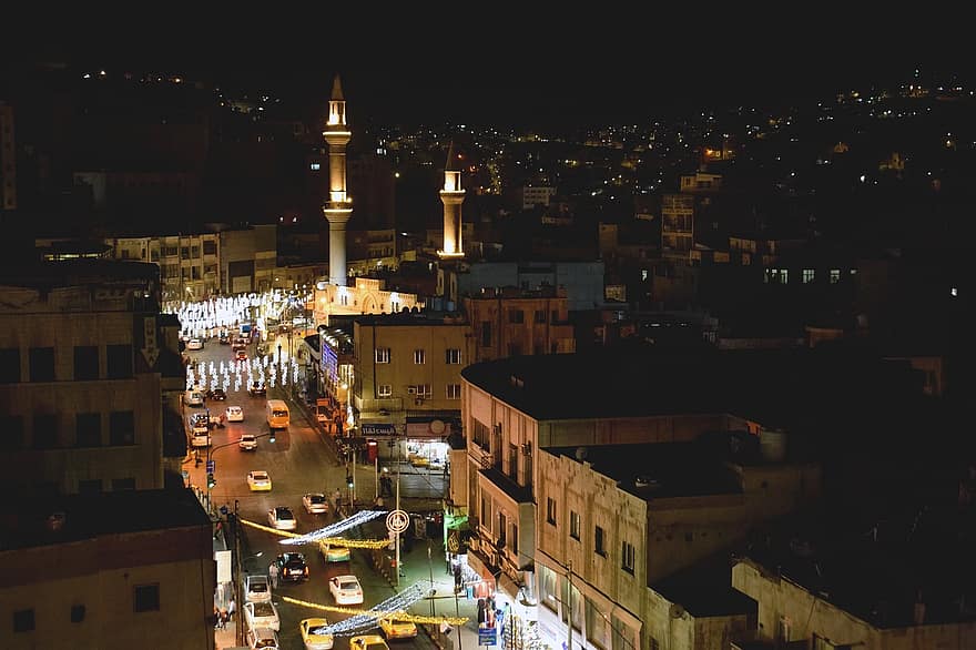 City, Buildings, Night, Cars, Road, Traffic, Street, Lights, Cityscape, Amman, minaret