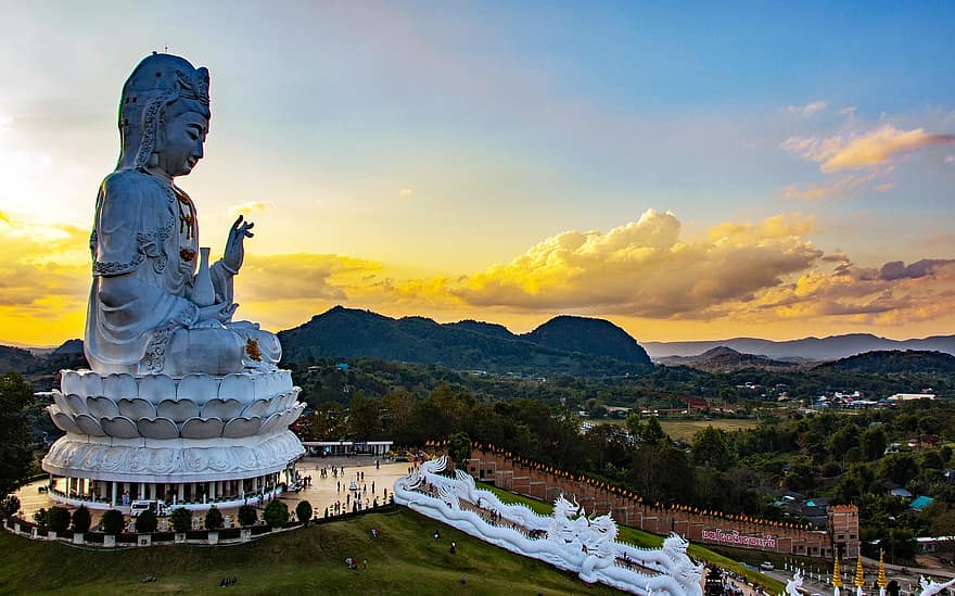 Temple, Sculpture, Building, 9 Tier Temple, Wat Huai Pla Kung, Chiang Rai, Thailand, Dusk, Sky, Architecture, Asia