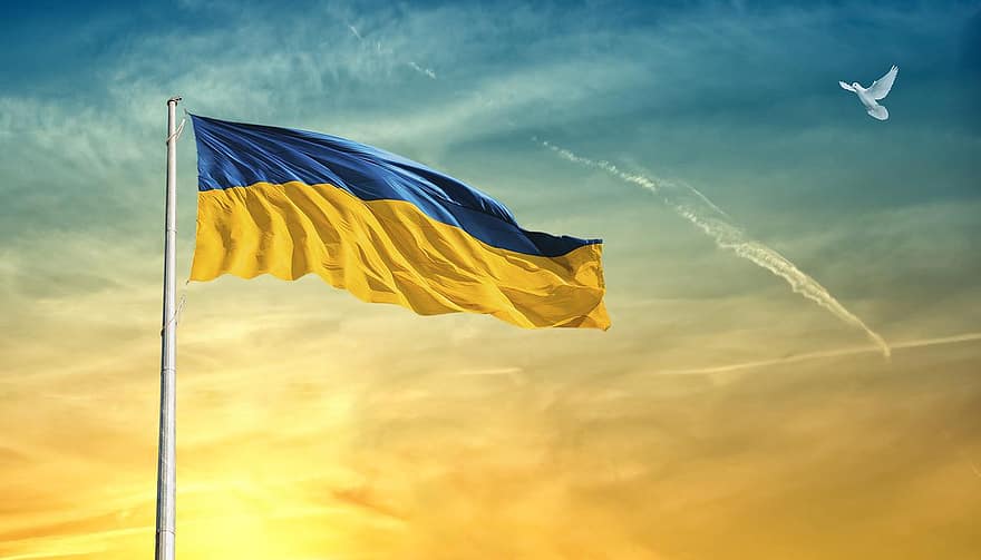 Украйна, флаг, небе, гълъб, птица, облаци, спокойствие, мачта, вятър, флагщок, слънце
