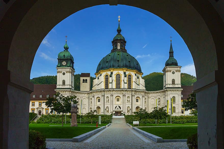 mosteiro, por do sol, mosteiro de ettal, bavaria, ettal, arquitetura, turismo
