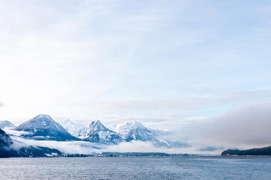 Austria, Sfântul Gilgen, lac wolfgang, lac, munţi, peisaj, iarnă, Munte, apă, zăpadă, albastru