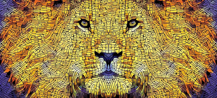 leão, juba, gato, abstrato, predador, animal, masculino, África, perigoso, selvagem, líder