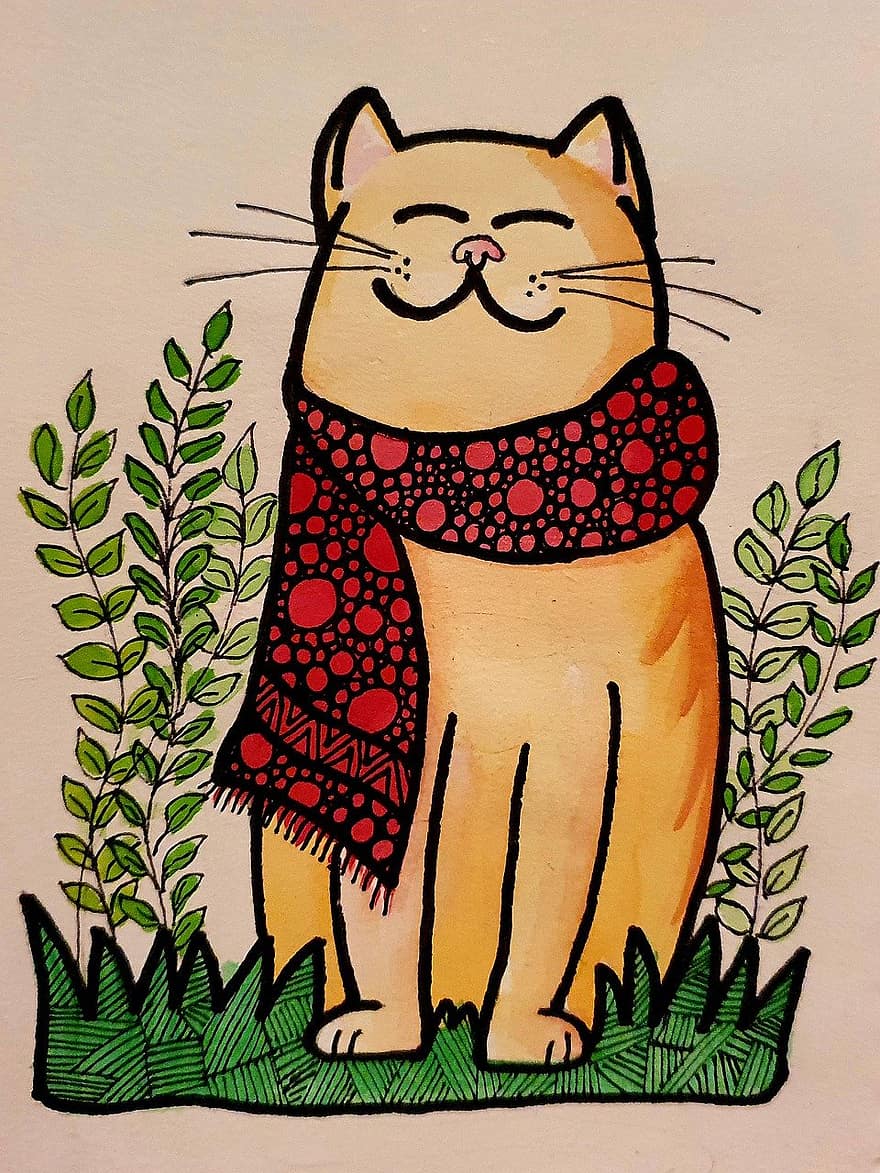 katė, piešimas, Animacinis katinas, piešti, akvarelė, skara, grafika, Rudas animacinis filmas, Ruda akvarelė