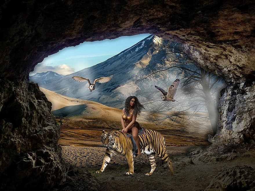 Hintergrund, Berge, Höhle, Tiger, Eulen, Frau, Fantasie, weiblich, Charakter, digitale Kunst, Erwachsene