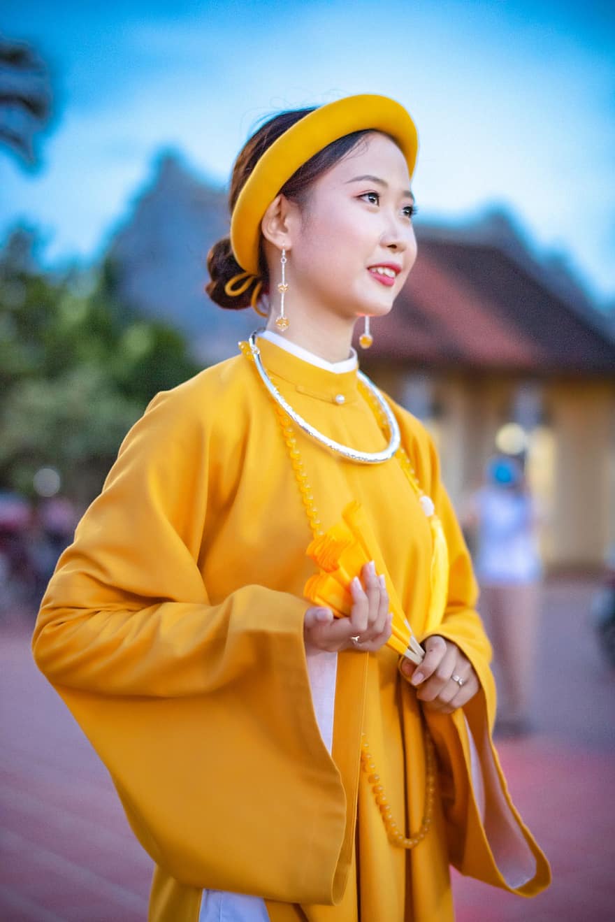 kvinne, modell, vietnamesisk, kostyme, blomst, lang kjole, hunn, gammel kostyme, dame, asiatisk