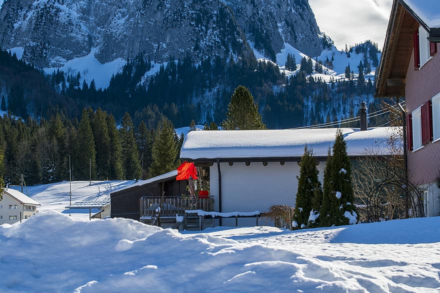 스위스, 겨울, 주택들, 알프스 산맥, 슈비츠의 브루니 주, 나무, 눈, 하늘, 자연, 산, 시골집