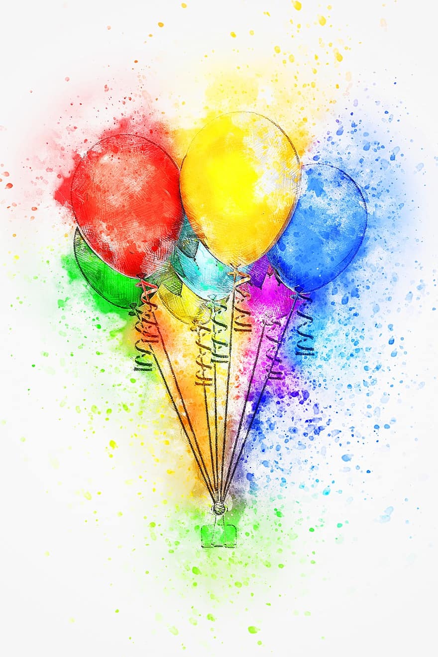 Balloons, Birthday, Party, Air, Colorful, Art, Watercolor, Vintage, Emotion, Artistic, Aquarelle