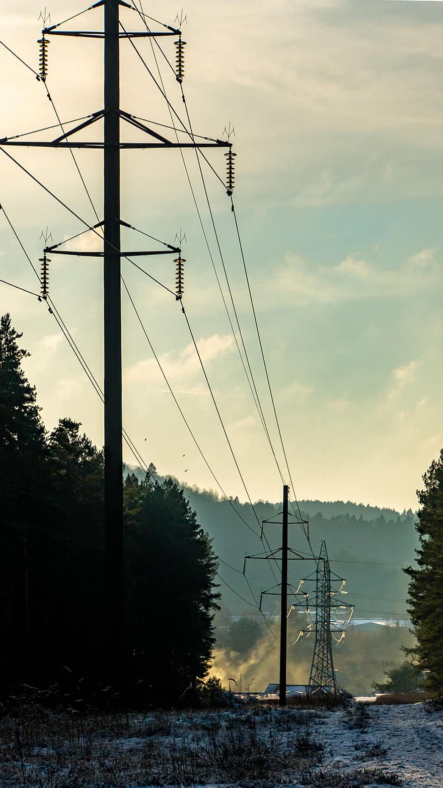 piló, cables, silueta, torre de transmissió, torre de potència, electricitat, poder, indústria, paisatge, núvols, elèctric