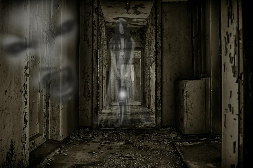 przerażający, duchy, opuszczony budynek
