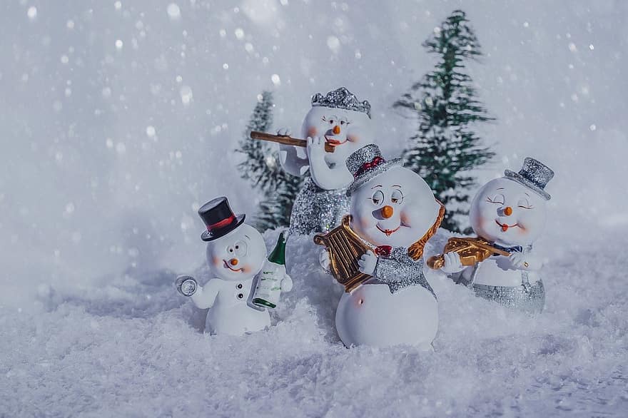 снеговики, Рождественская открытка, новогодний фон, снежинки, зимний пейзаж, рождественская песнь, рождественский мотив, Рождественское время, Рождественская вечеринка
