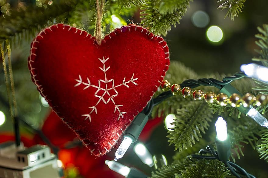 クリスマス、木、心臓、オーナメント、緑、デコレーション、冬、お祝い、閉じる、シーズン、きらきら