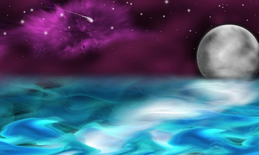 Ozean, Mond, Sterne, Astronomie, Hintergrund, abstrakt, Wasser, Meer, Sternschnuppe, Nebel, Platz