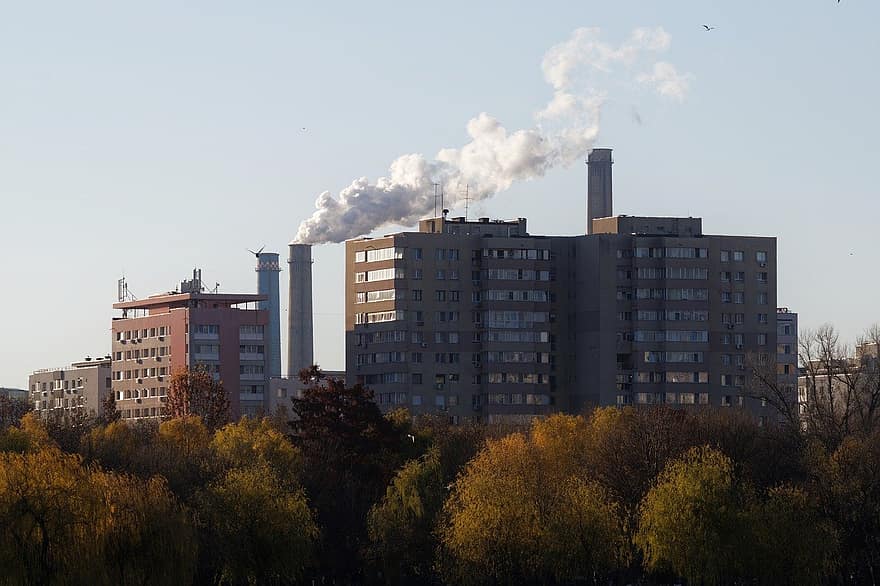 Cityscape, Residential, Buildings, Trees, Urban, City, Sky, smoke, physical structure, factory, pollution